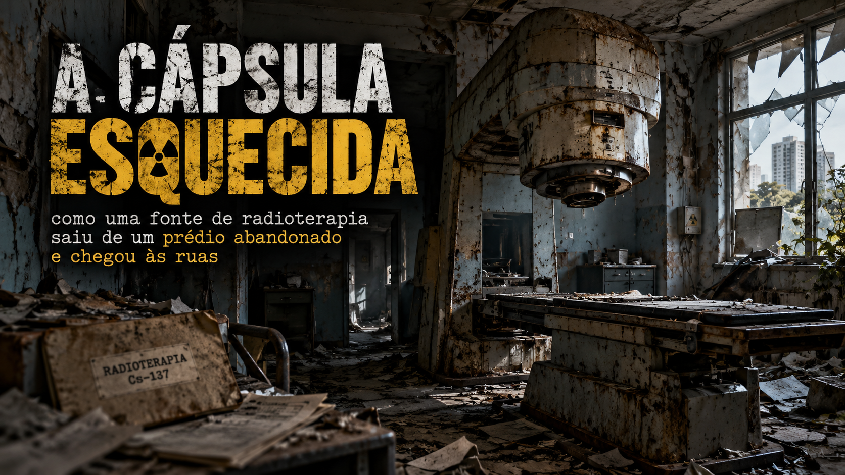 Ilustração editorial de um antigo equipamento de radioterapia abandonado, representando a origem do acidente com Césio-137 em Goiânia.