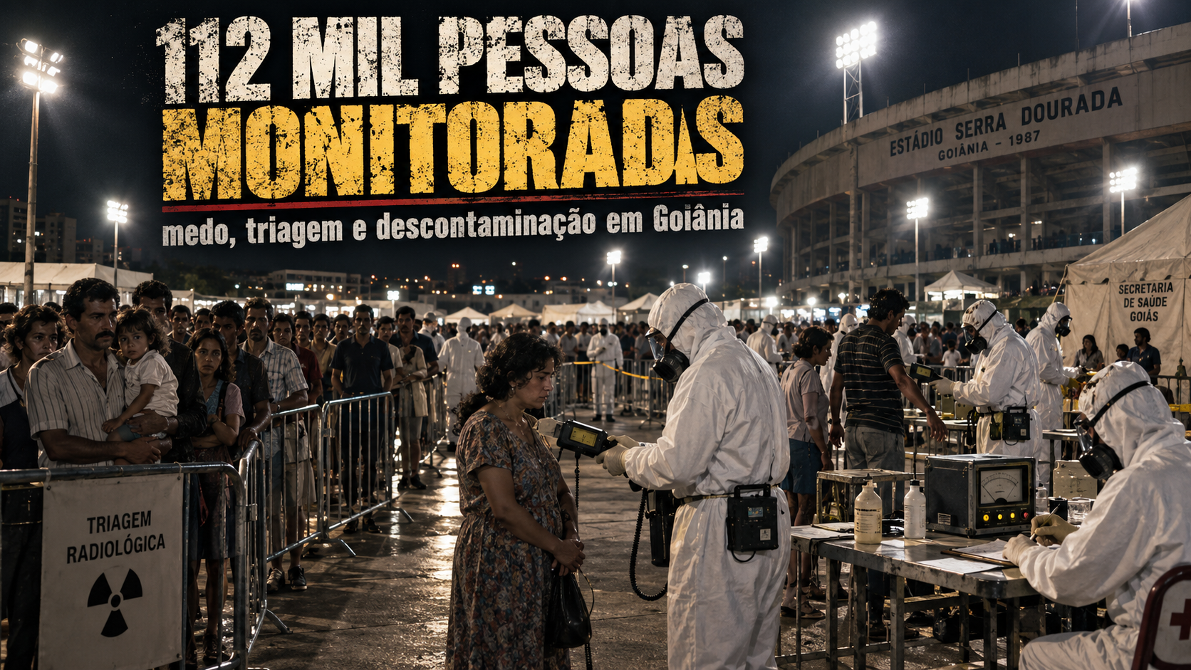 Ilustração editorial de uma grande operação de triagem radiológica da população durante o acidente com Césio-137 em Goiânia.