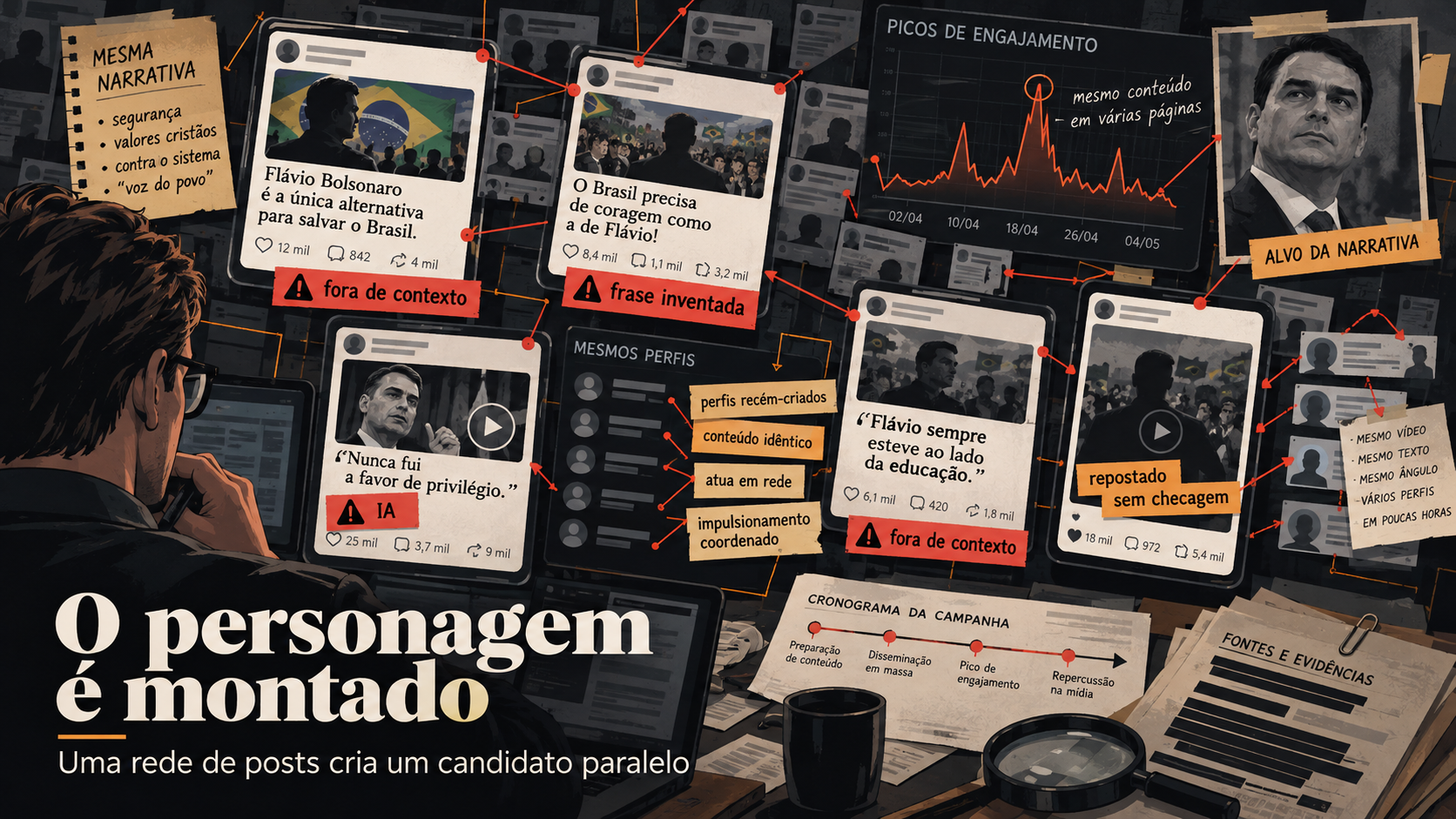 Ilustração editorial representando um personagem político construído por publicações repetidas no feed
