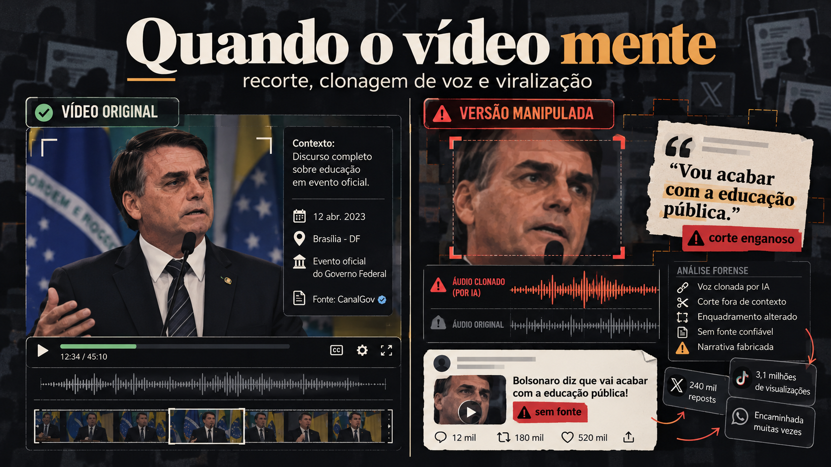Ilustração editorial sobre manipulação de voz e vídeo por inteligência artificial