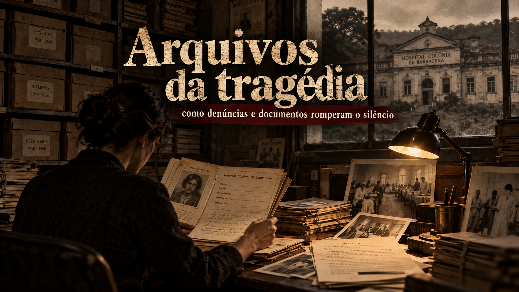 Ilustração editorial com documentos, fotografias e arquivos relacionados às denúncias sobre o Hospital Colônia de Barbacena.