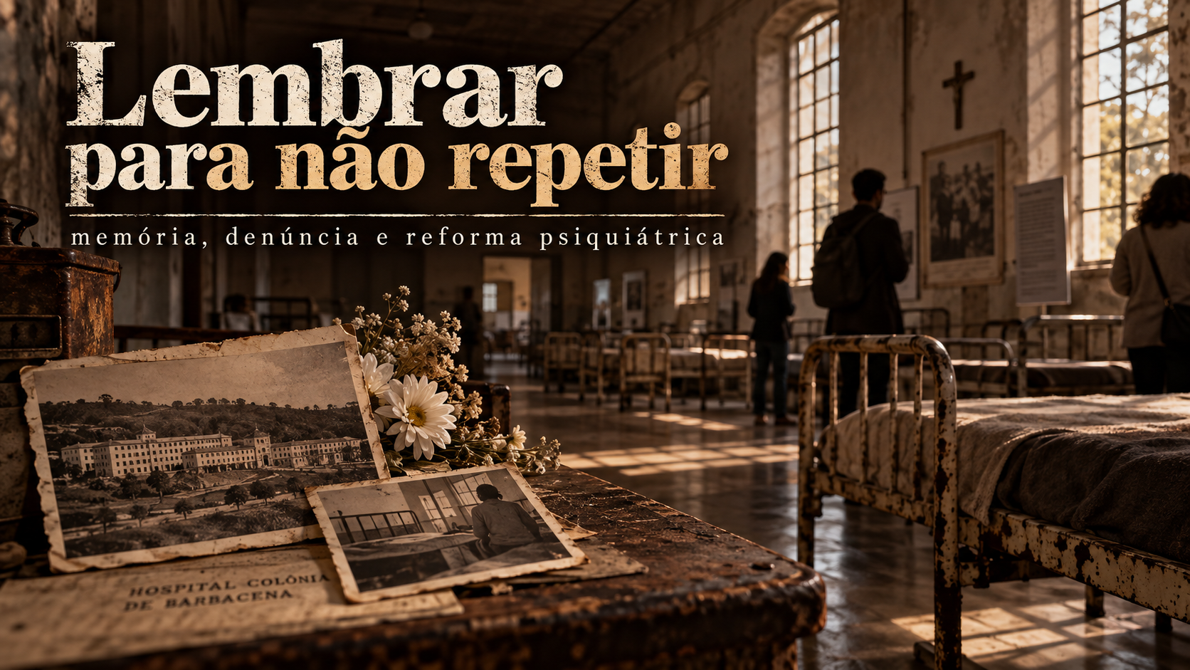 Ilustração editorial sobre preservação da memória do Hospital Colônia e a luta pela reforma da assistência psiquiátrica.